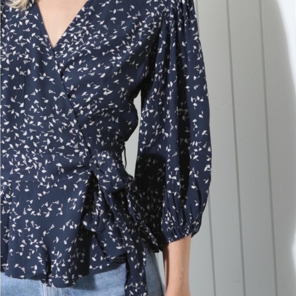 Ganni Dark Blue Floral Wrap Blouse